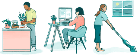 说明人的盆栽植物,一个女人在电脑上做研究,和另一个女人吸尘